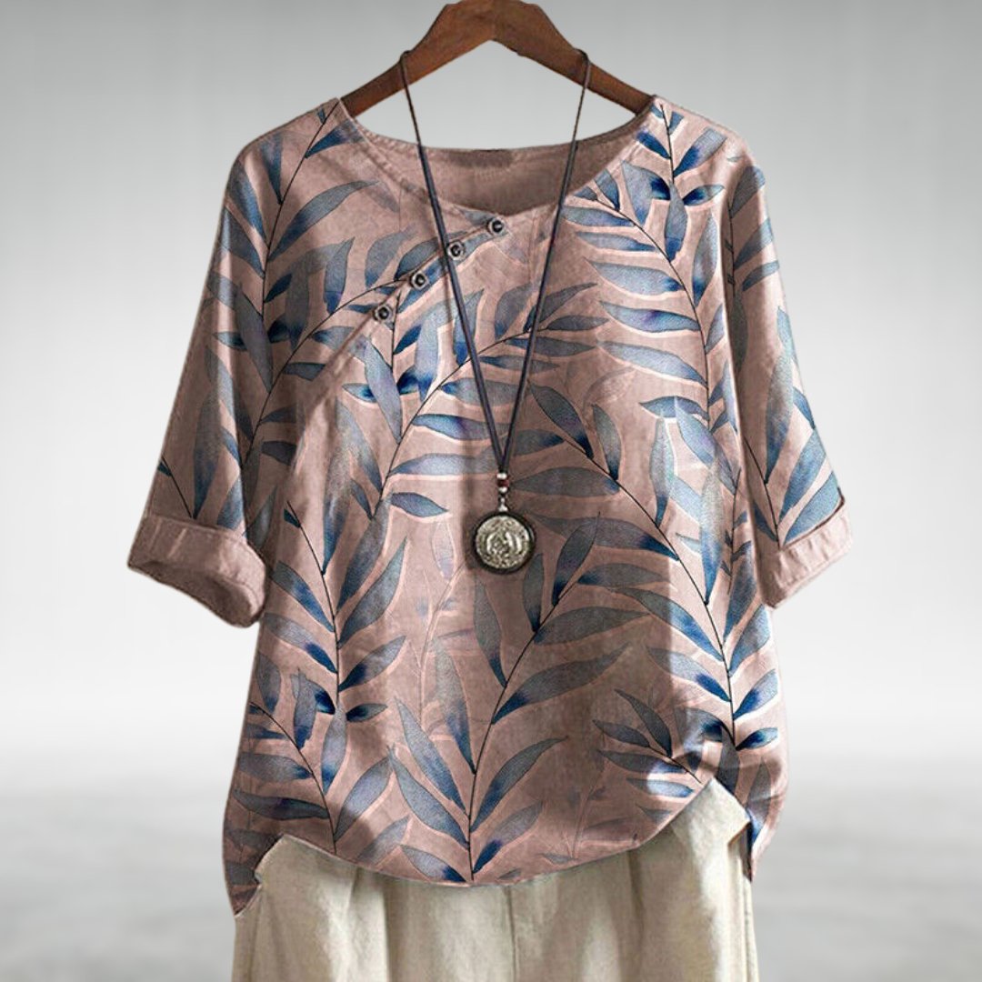 Leaf Print Round Neck Button Detail Top 2