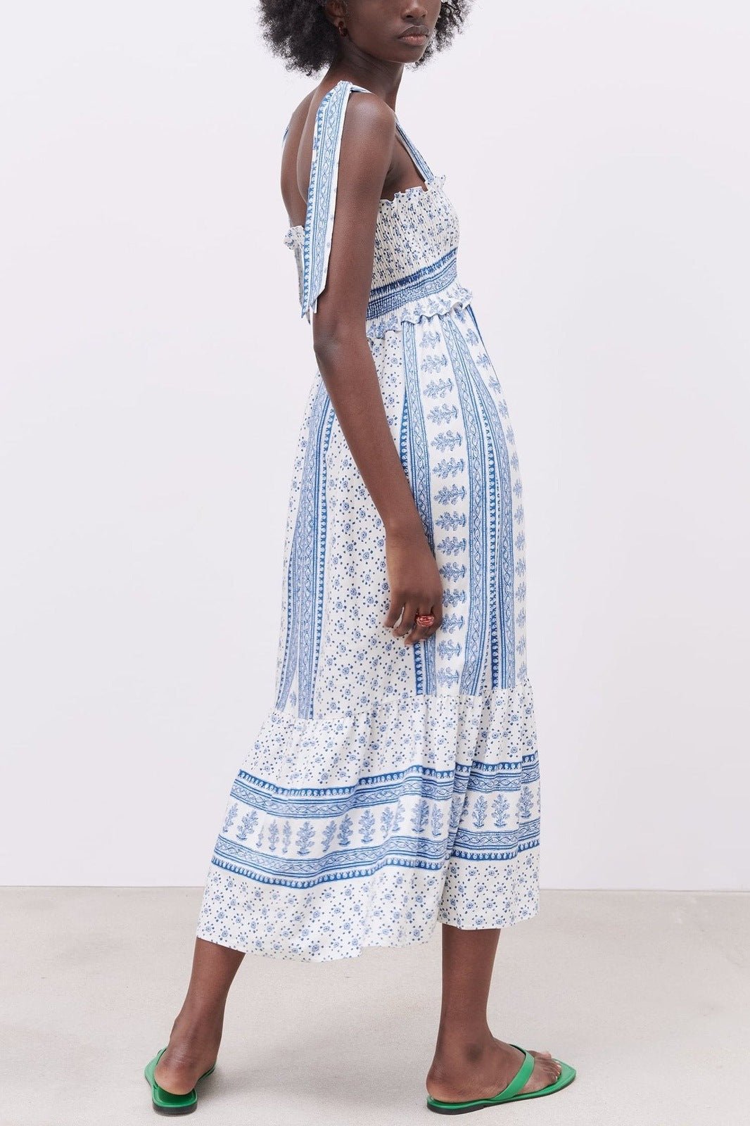 Floral Print Smocked Square Neck Ruffle Trim Midi Dress - View 2