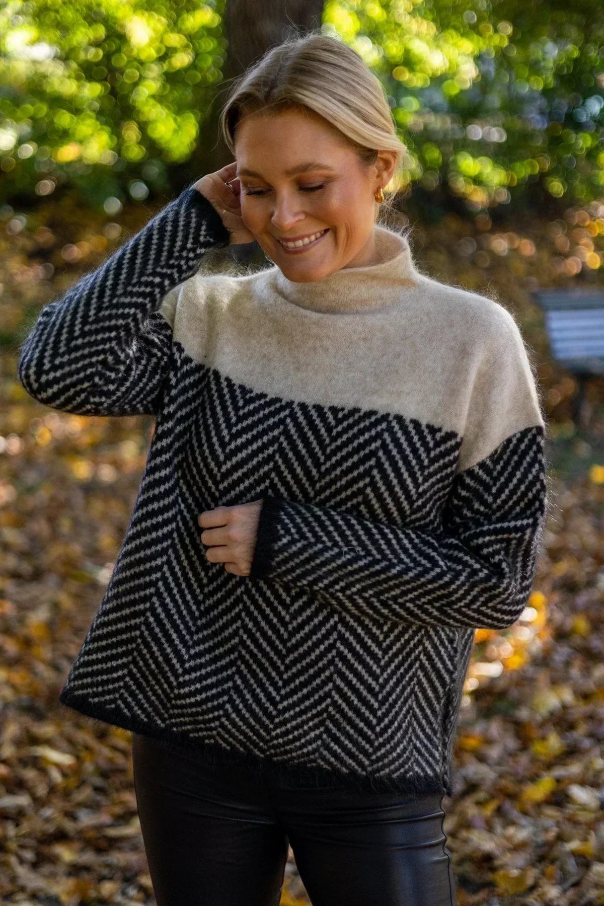 Turtleneck Long Sleeve Herringbone Colorblock Oversized Sweater 8