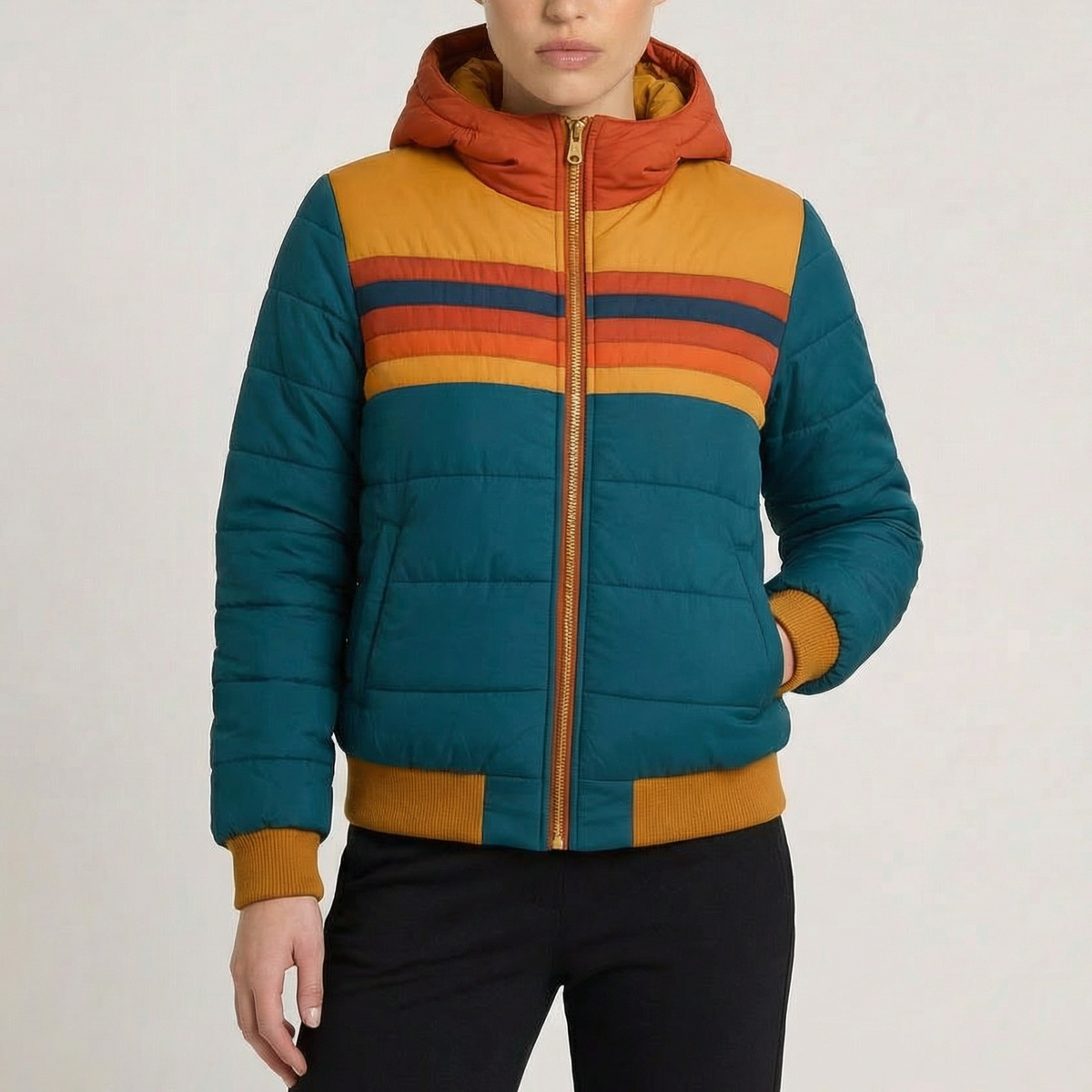 Striped Hooded Zip Front Puffer Jacket