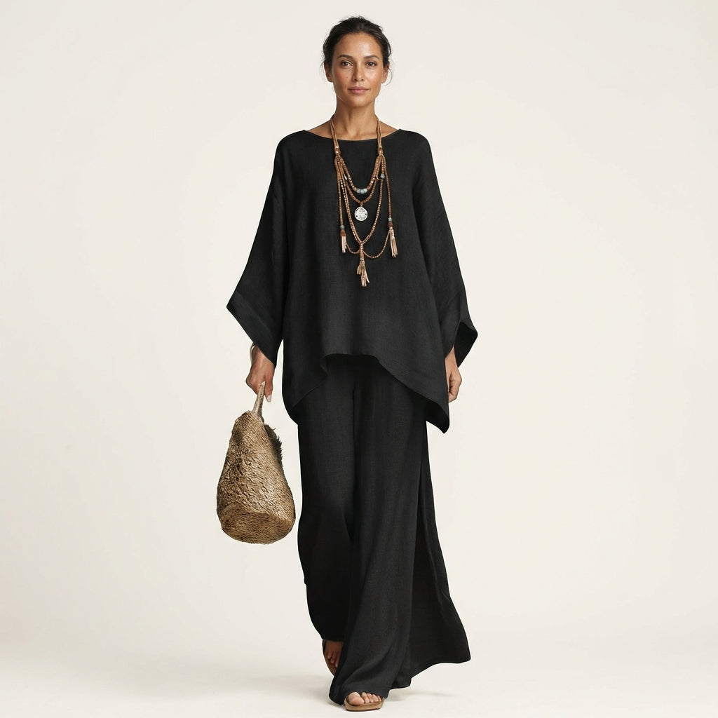 Linen Look Asymmetric Hem Top and Wide Leg Pants Two Piece Set 9
