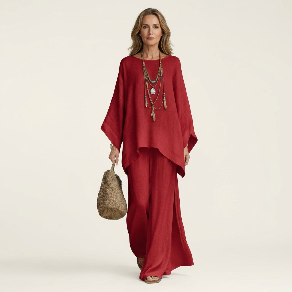 Linen Look Asymmetric Hem Top and Wide Leg Pants Two Piece Set 6