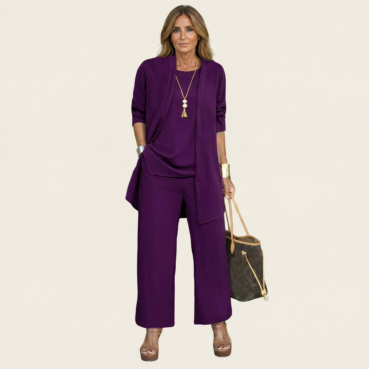 Long Sleeve Open Front Duster Top and Wide Leg Pants Three Piece Set 6