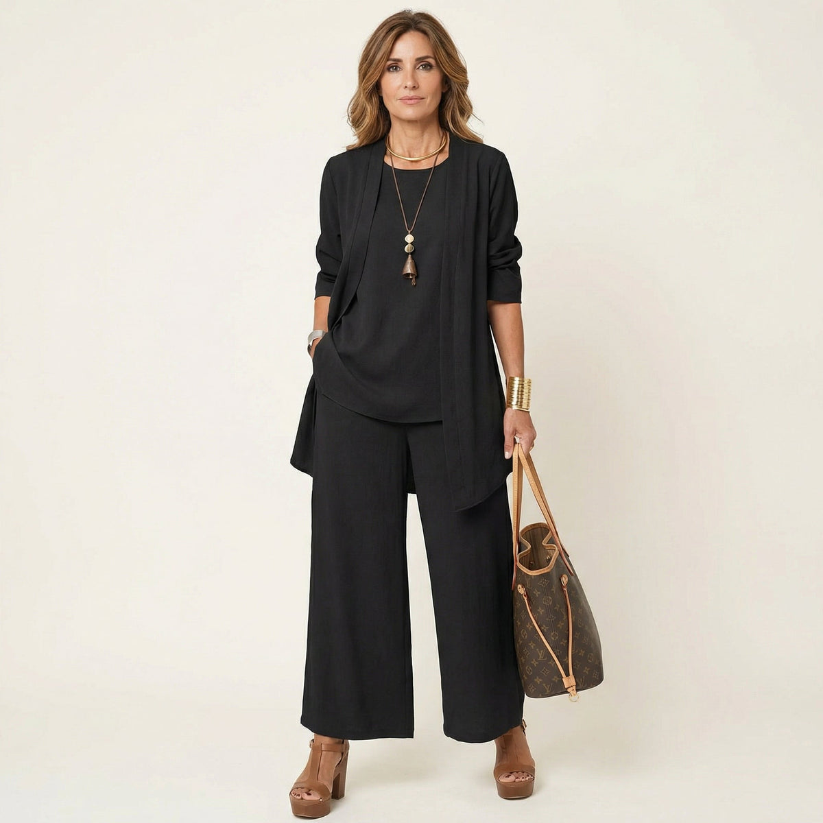 Long Sleeve Open Front Duster Top and Wide Leg Pants Three Piece Set