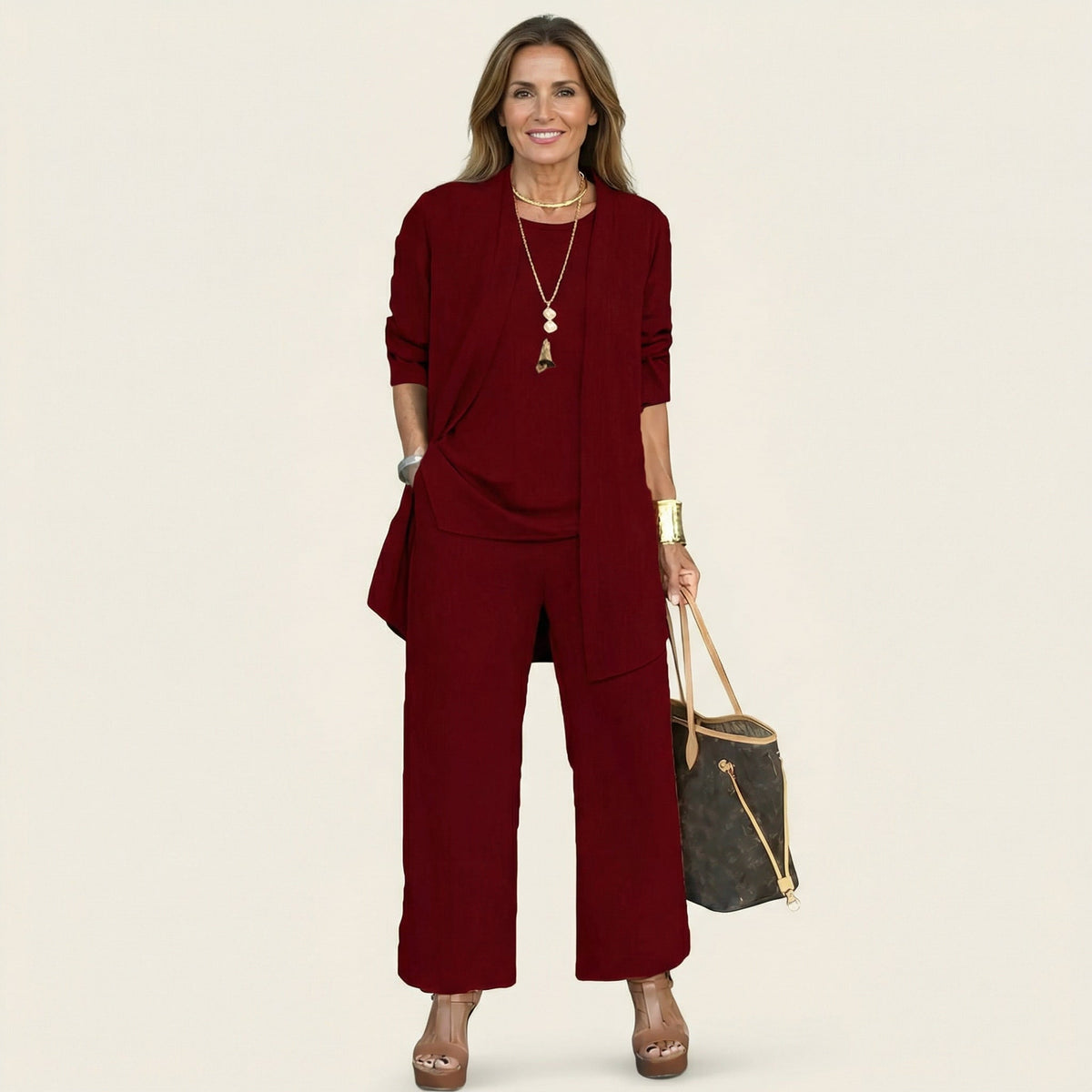 Long Sleeve Open Front Duster Top and Wide Leg Pants Three Piece Set 11