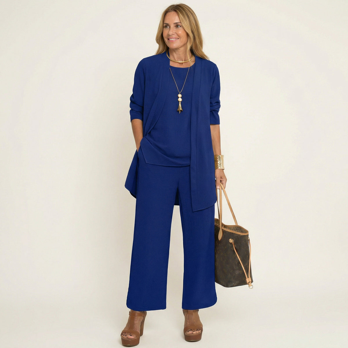 Long Sleeve Open Front Duster Top and Wide Leg Pants Three Piece Set 4