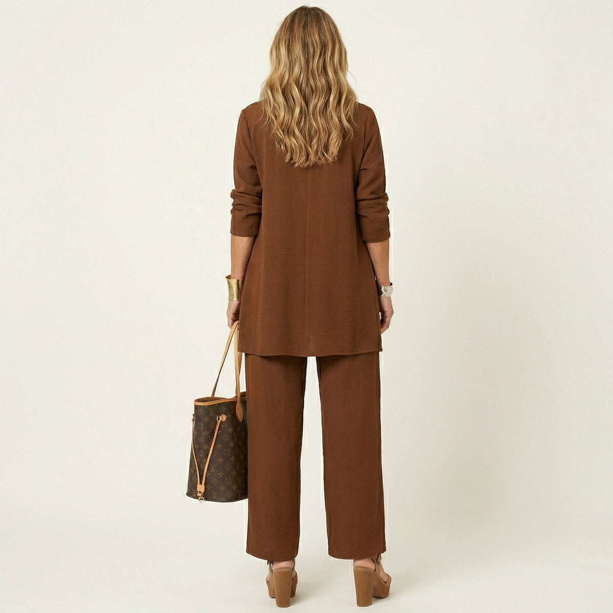 Long Sleeve Open Front Duster Top and Wide Leg Pants Three Piece Set 10