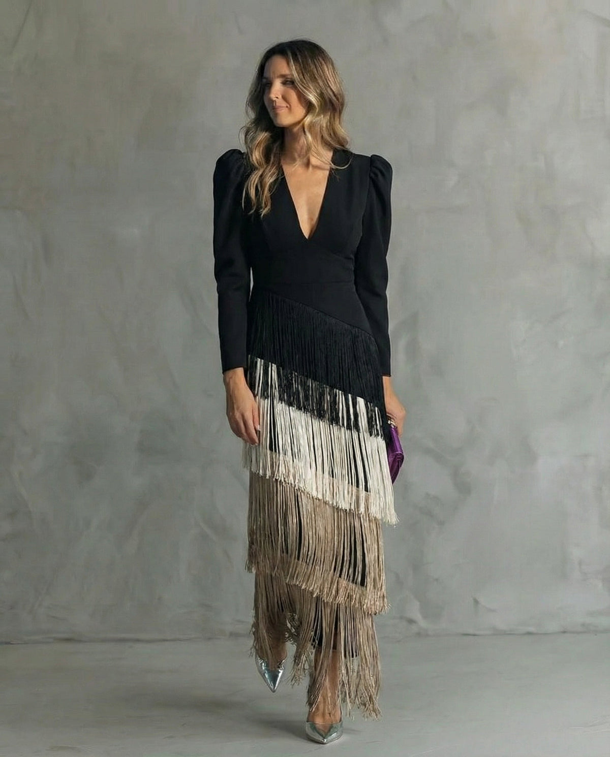 Deep V-Neck Long Sleeve Tiered Fringe Maxi Dress 4