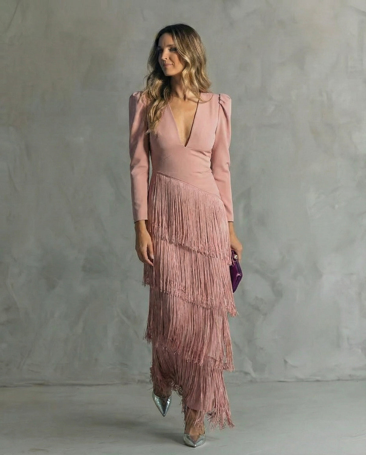 Deep V-Neck Long Sleeve Tiered Fringe Midi Dress 7