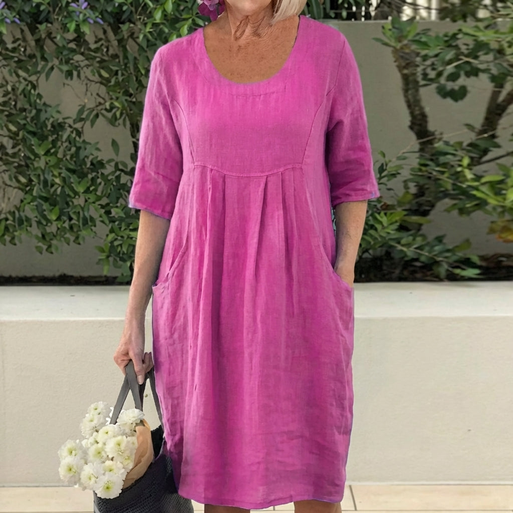 Round Neck Half Sleeve Pleated Pocket Midi Dress 3