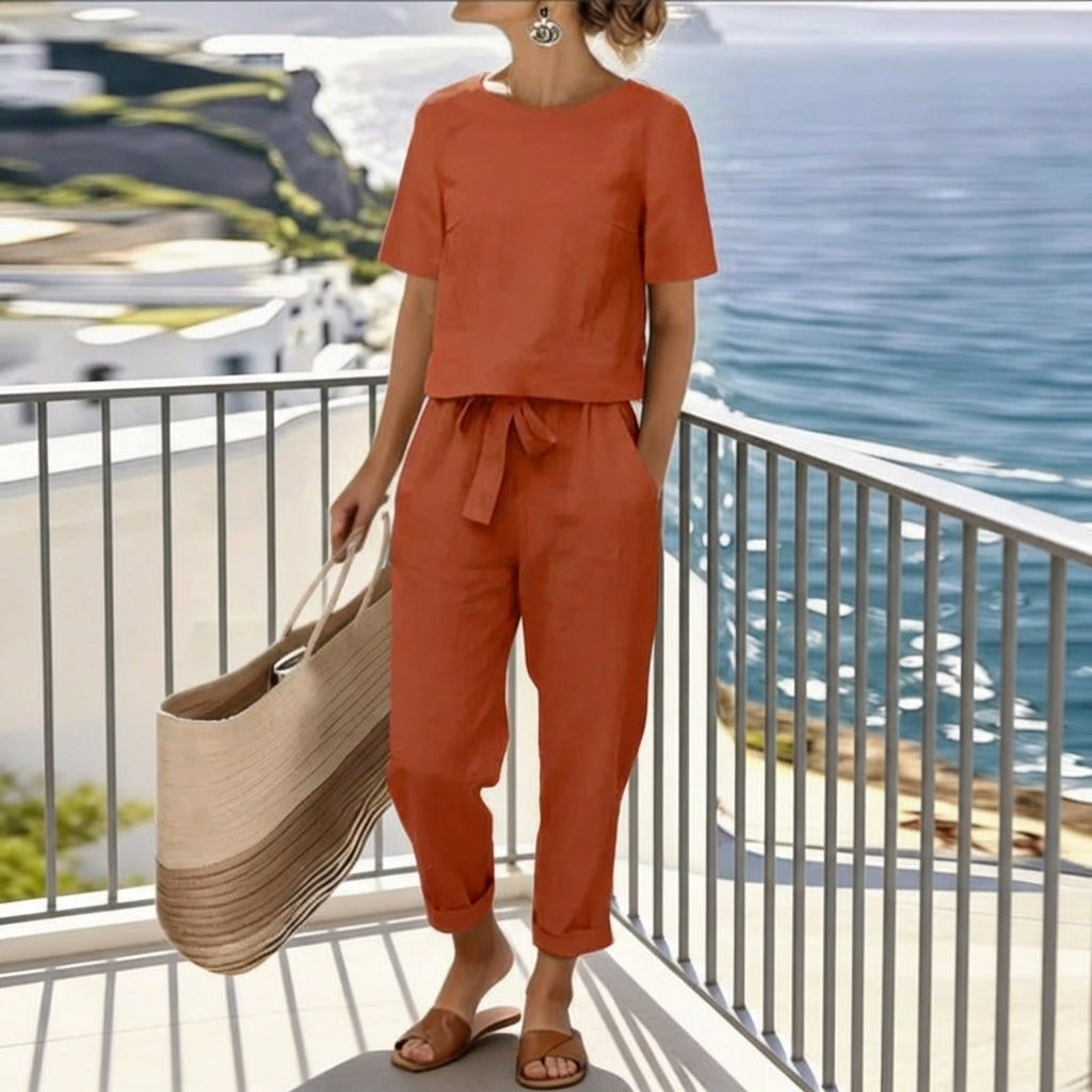 Short Sleeve Top and Tie Waist Tapered Pants Two Piece Set 3