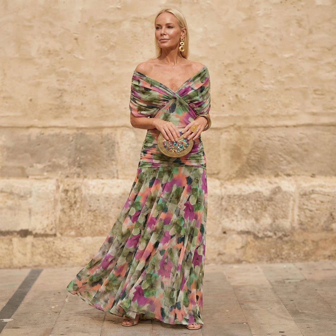 Floral Print Off Shoulder Twist Front Chiffon Maxi Dress