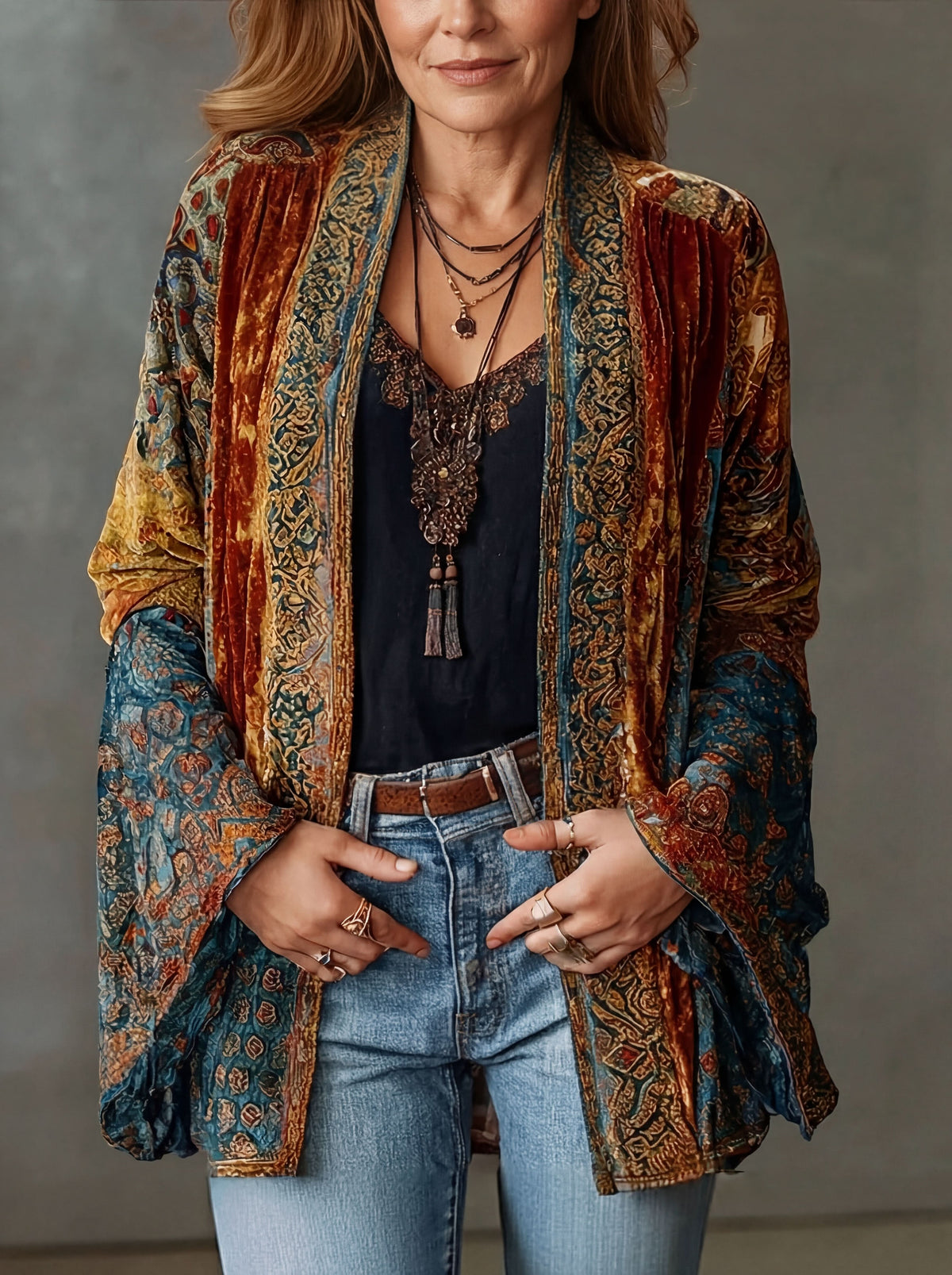 Paisley Print Velvet Look Open Front Kimono Jacket 4