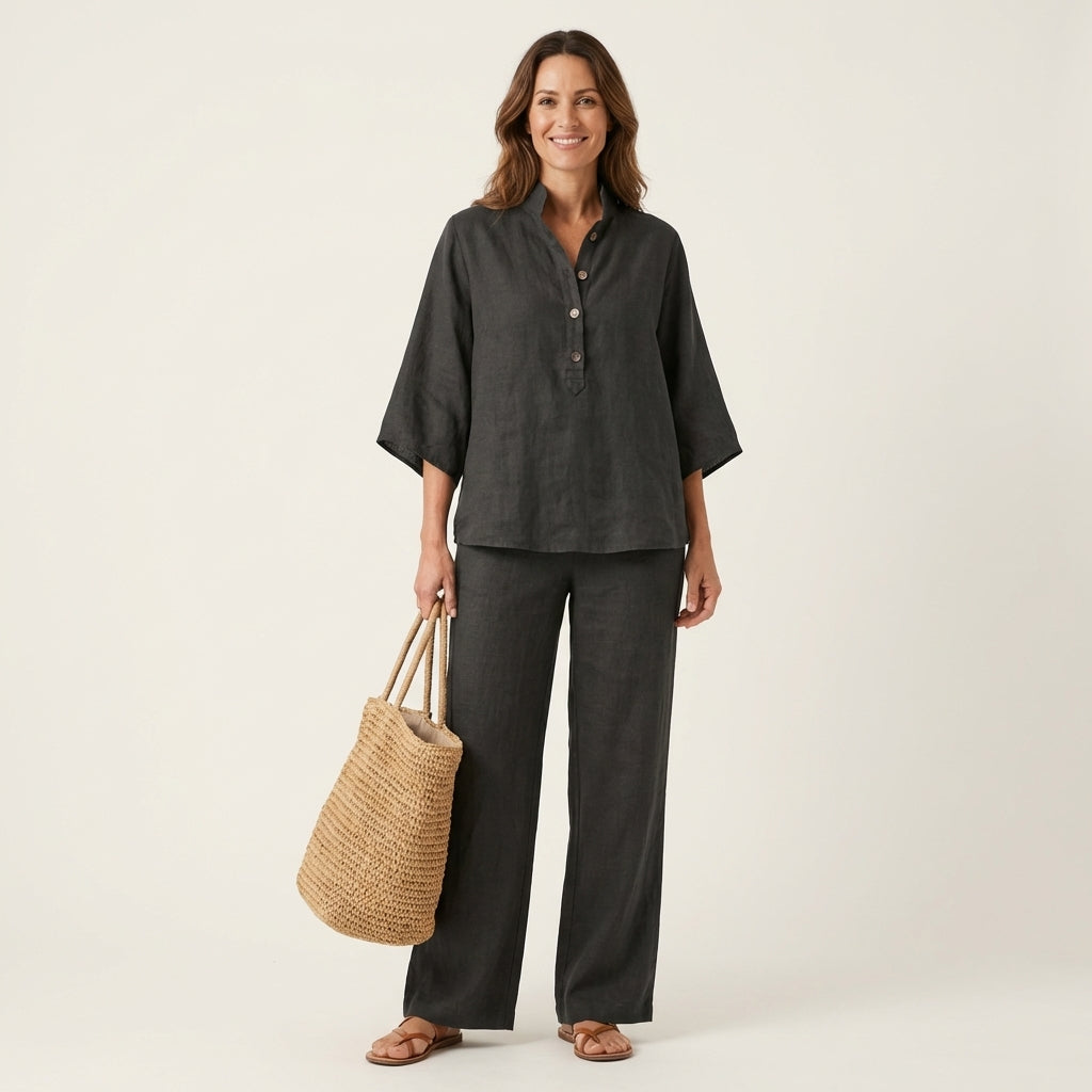 Half Placket Batwing Top and Wide Leg Pants Two Piece Set 11