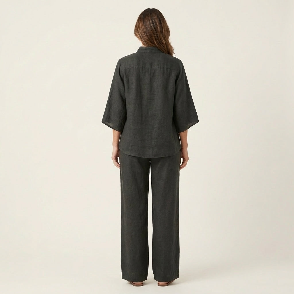 Button Placket Top and Wide Leg Pants Two Piece Set 12