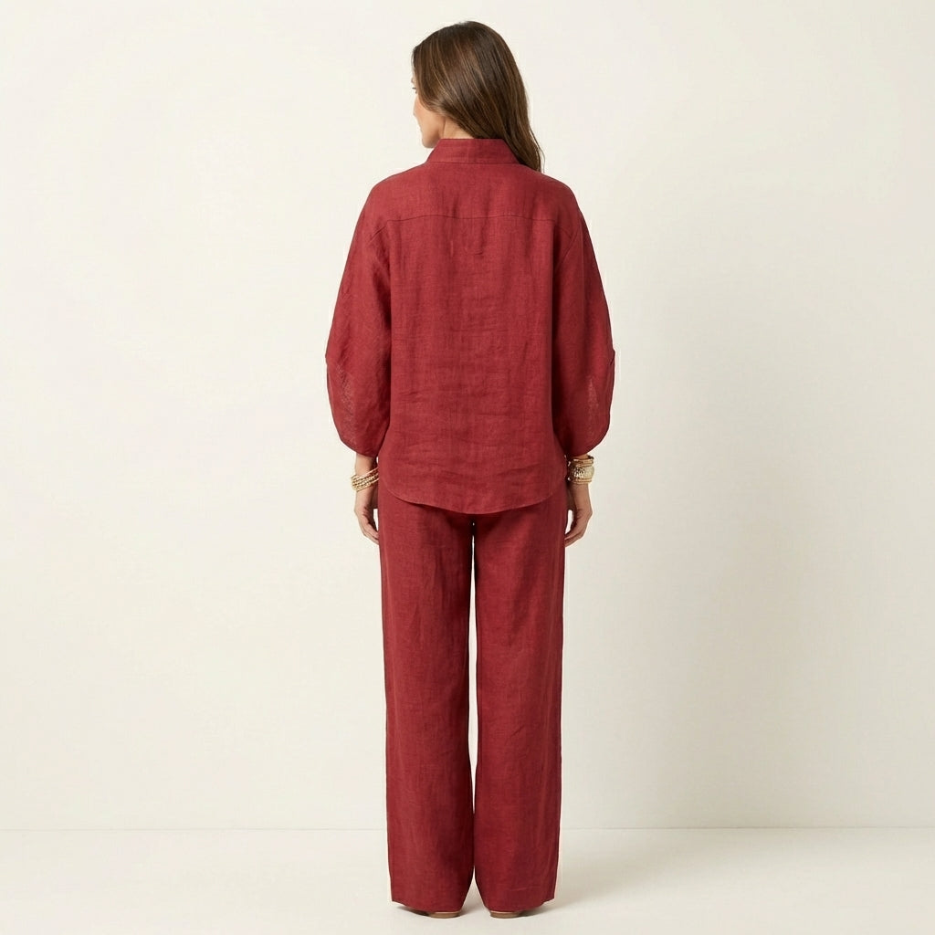 Button Placket Top and Wide Leg Pants Two Piece Set 14