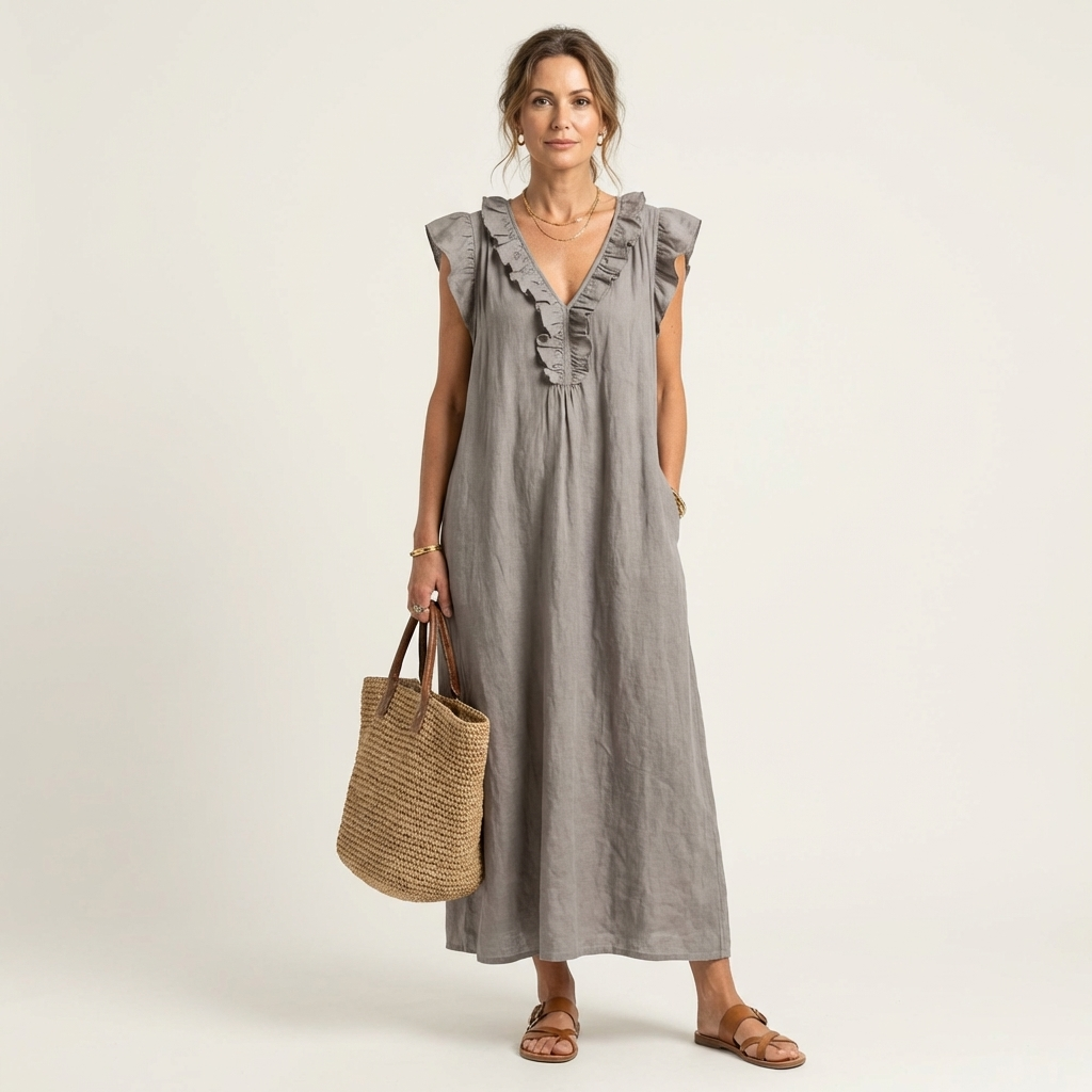 Ruffle V-Neck Sleeveless Linen Maxi Dress