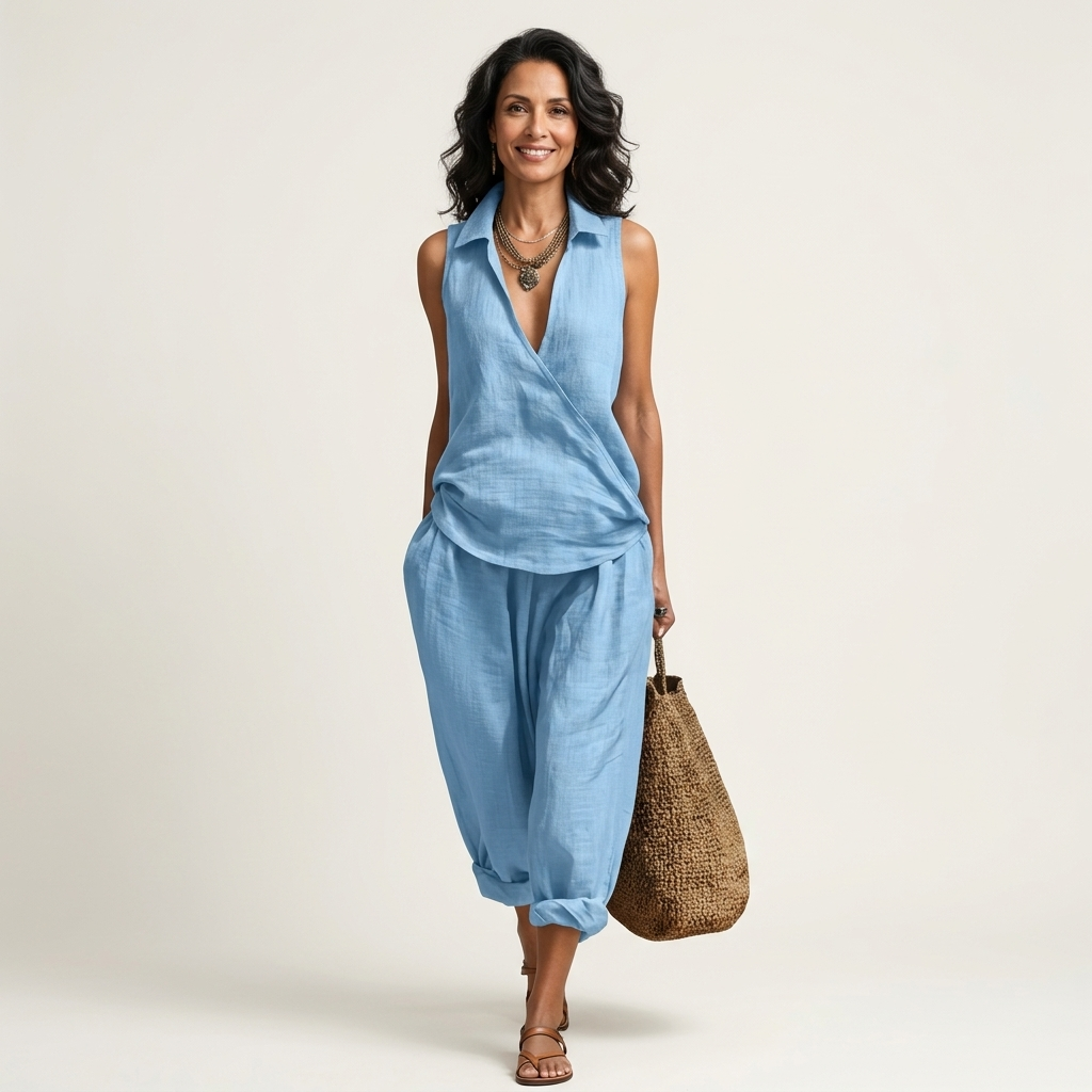 Collared Sleeveless Wrap Top and Wide Leg Pants Two Piece Set 5