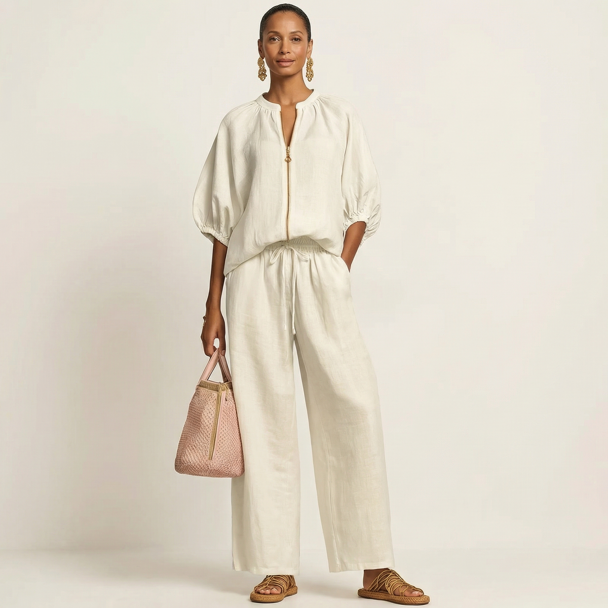 Puff Sleeve Zip Front Top and Wide Leg Pants Two Piece Set 7