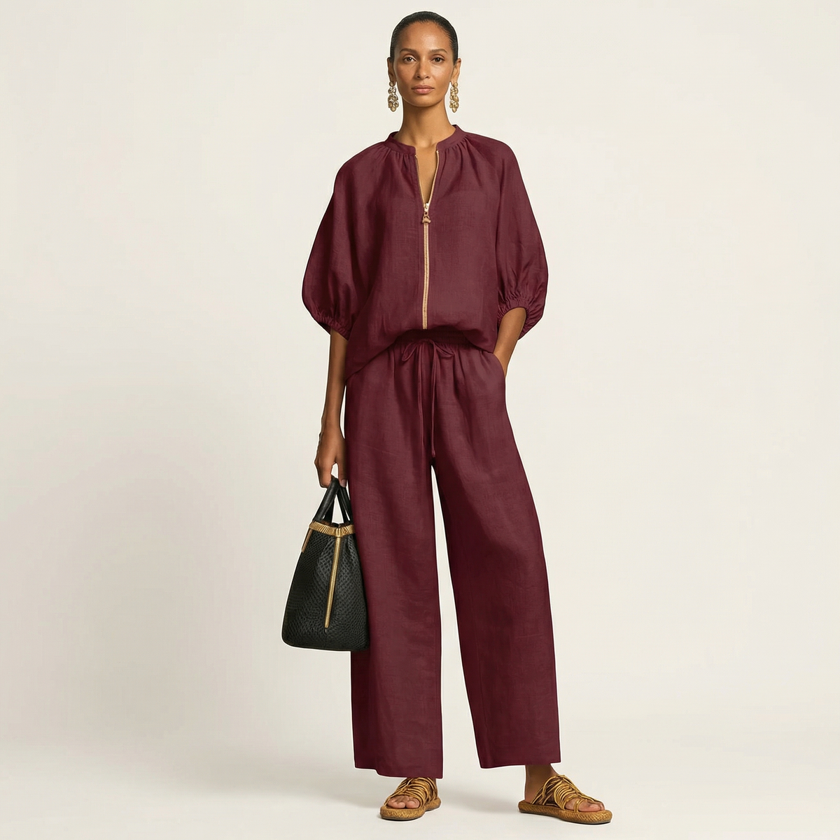 Zip Front Puff Sleeve Top and Wide Leg Pants Two Piece Set 11