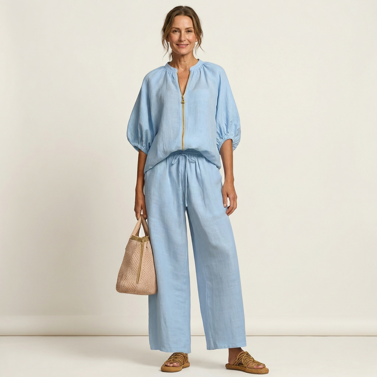 Zip Front Puff Sleeve Top and Wide Leg Pants Two Piece Set 5