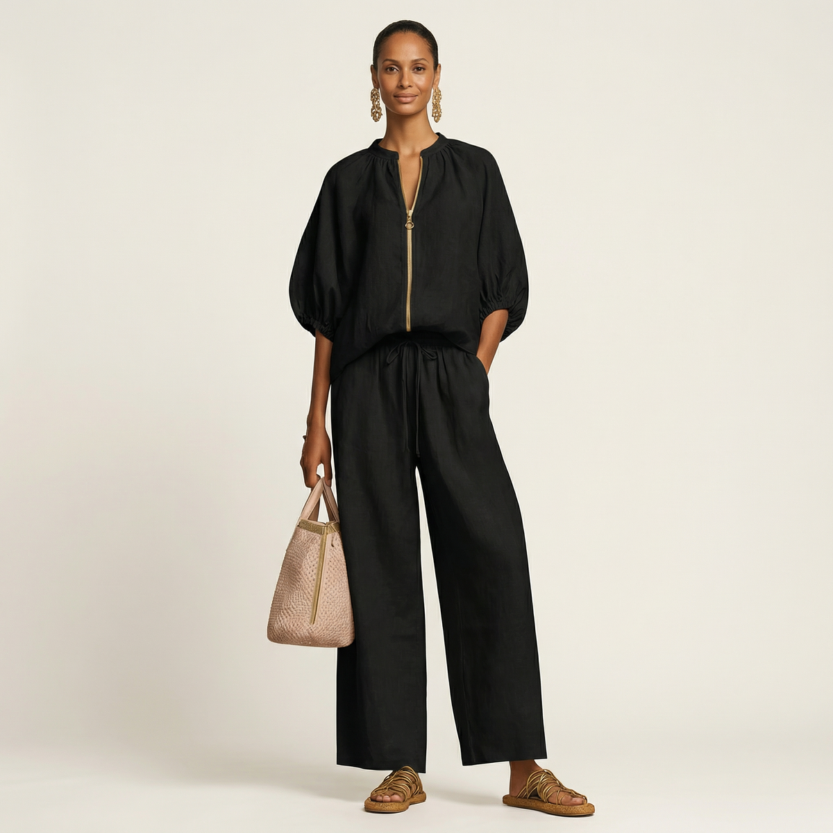 Puff Sleeve Zip Front Top and Wide Leg Pants Two Piece Set 9