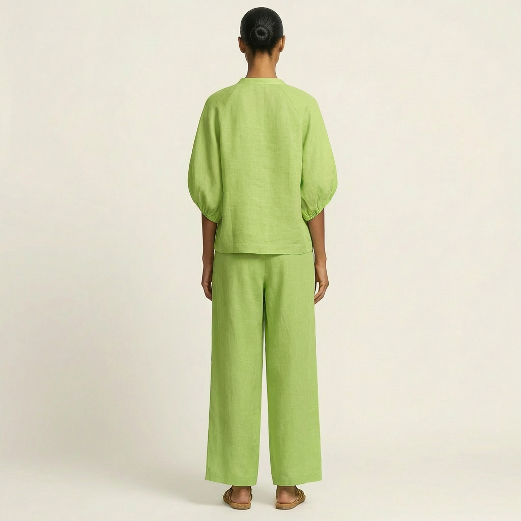 Puff Sleeve Zip Front Top and Wide Leg Pants Two Piece Set 4