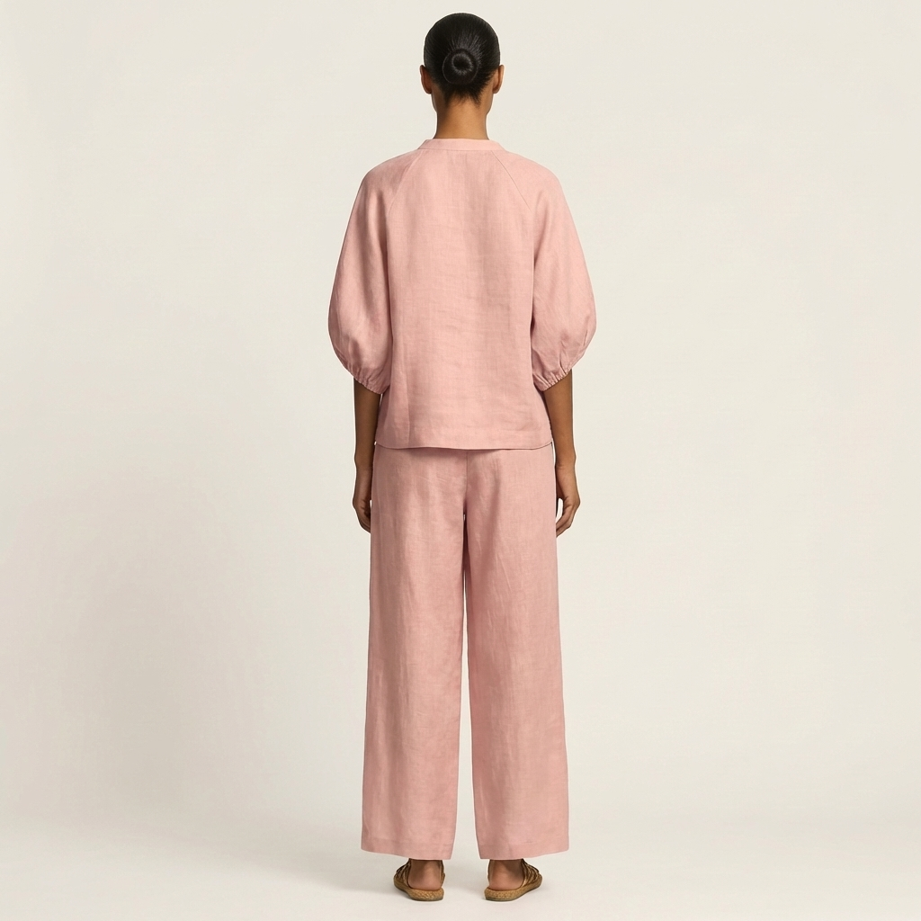 Zip Front Puff Sleeve Top and Wide Leg Pants Two Piece Set 2