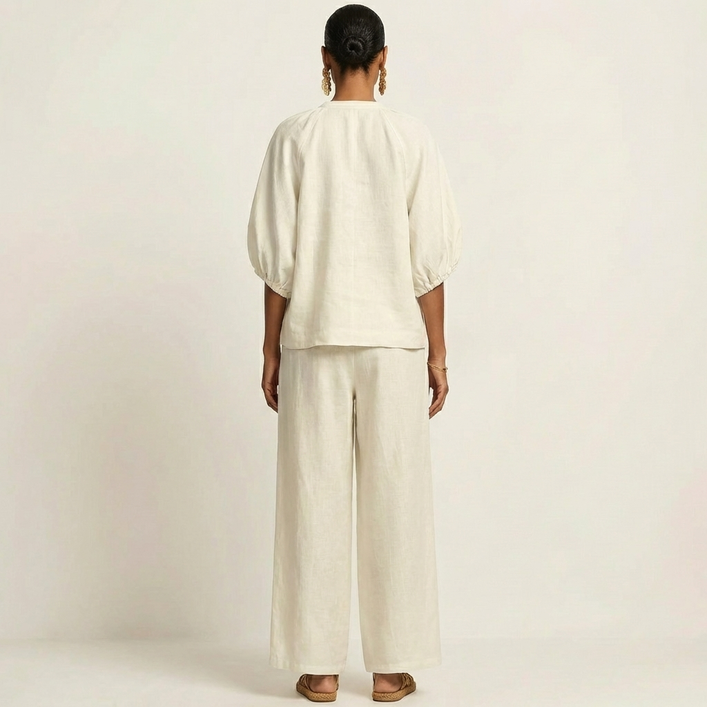 Zip Front Puff Sleeve Top and Wide Leg Pants Two Piece Set 8