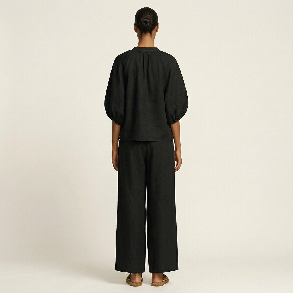 Zip Front Puff Sleeve Top and Wide Leg Pants Two Piece Set 10