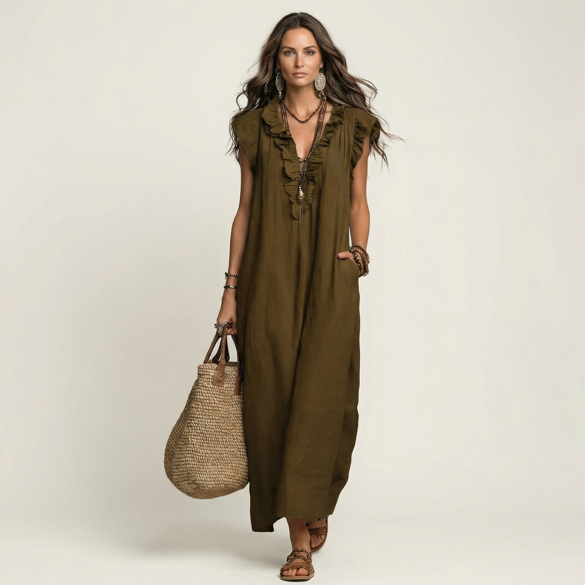 Ruffle V-Neck Sleeveless Linen Maxi Dress 14