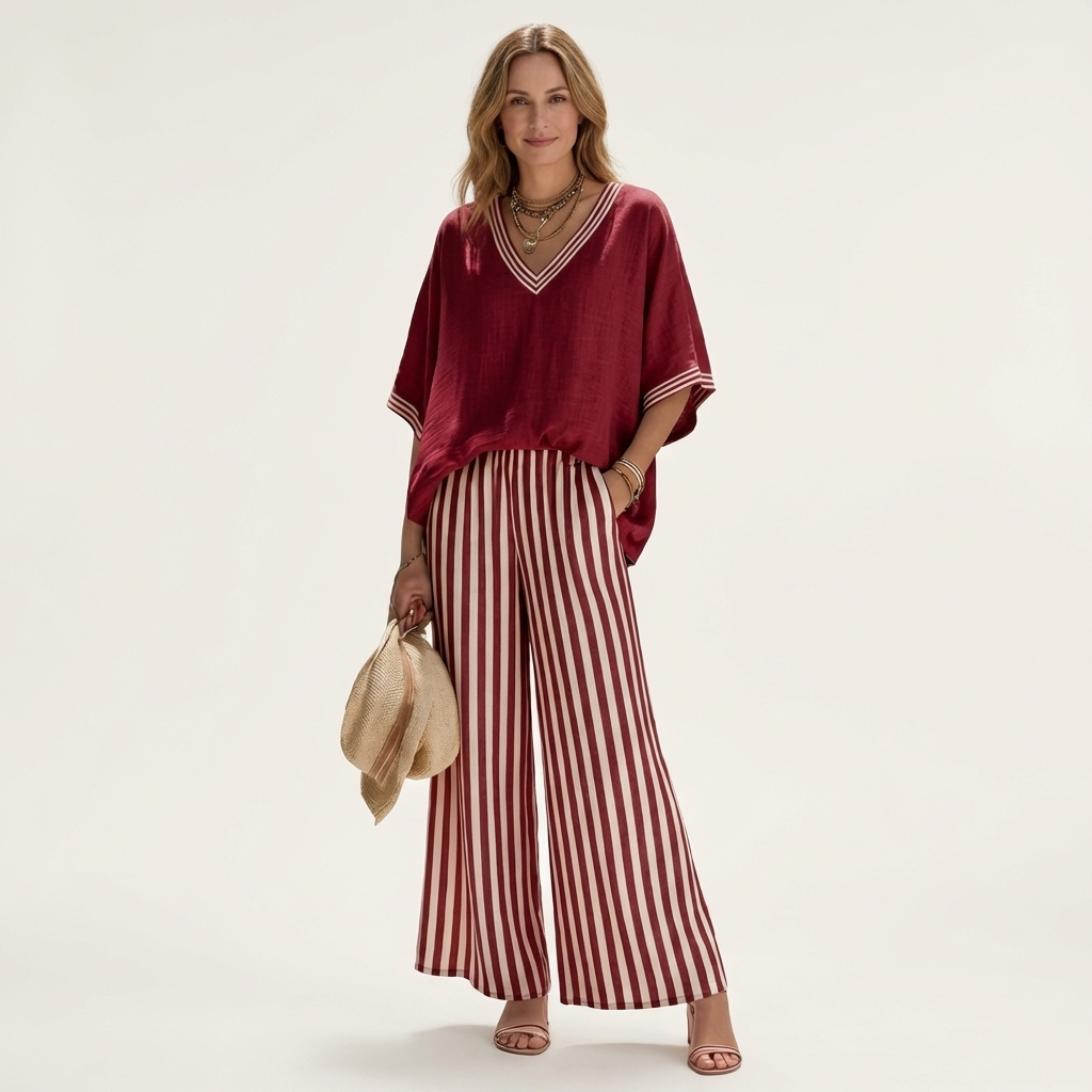 V-Neck Short Sleeve Top and Striped Wide Leg Pants Two Piece Set 9
