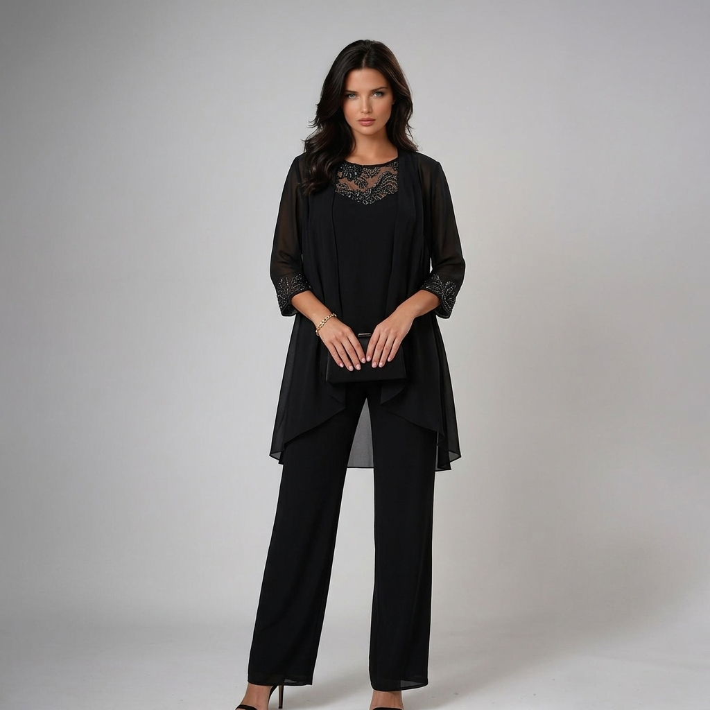 Lace Trim Chiffon Jacket Top and Pants Three Piece Set 8