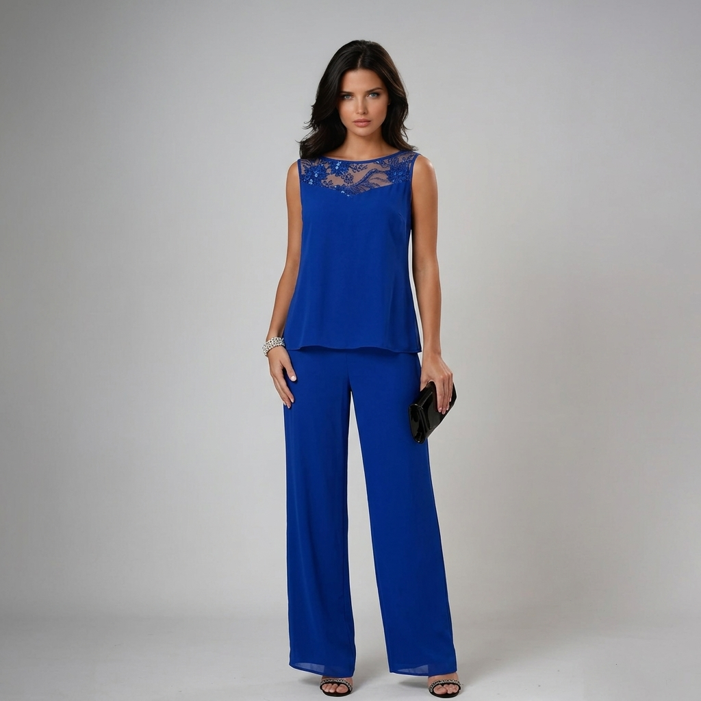 Lace Trim Chiffon Jacket Top and Pants Three Piece Set 2