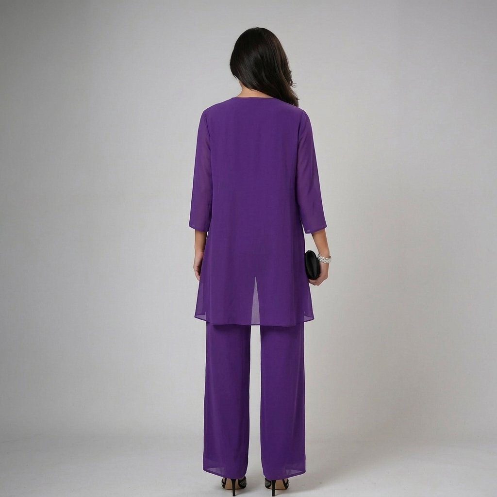 Lace Trim Chiffon Jacket Top and Pants Three Piece Set 7
