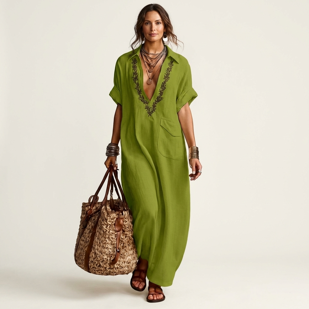 Embroidered V-Neck Collared Short Sleeve Linen Look Maxi Shirt Dress 7