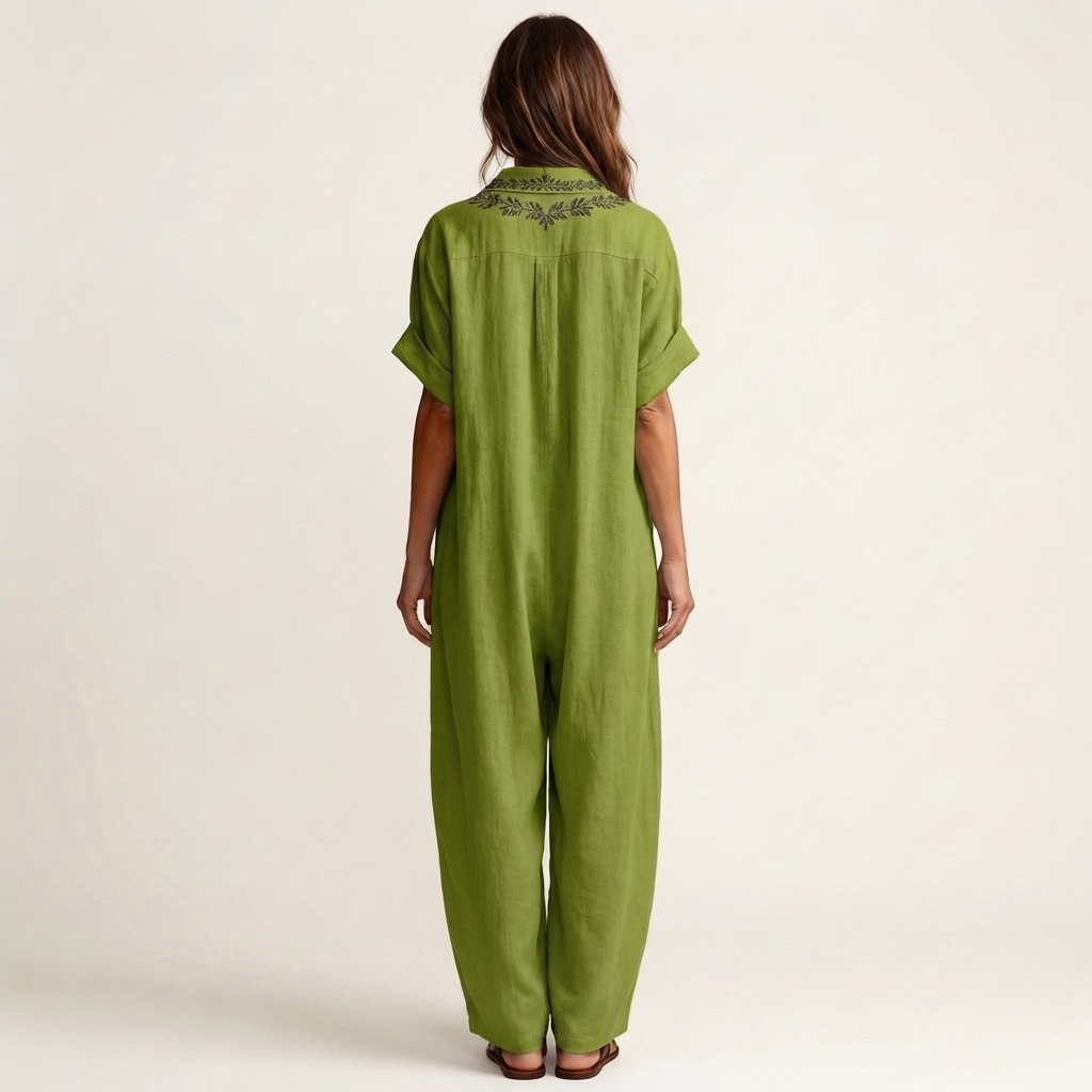Embroidered V-Neck Collared Short Sleeve Linen Look Maxi Dress 8