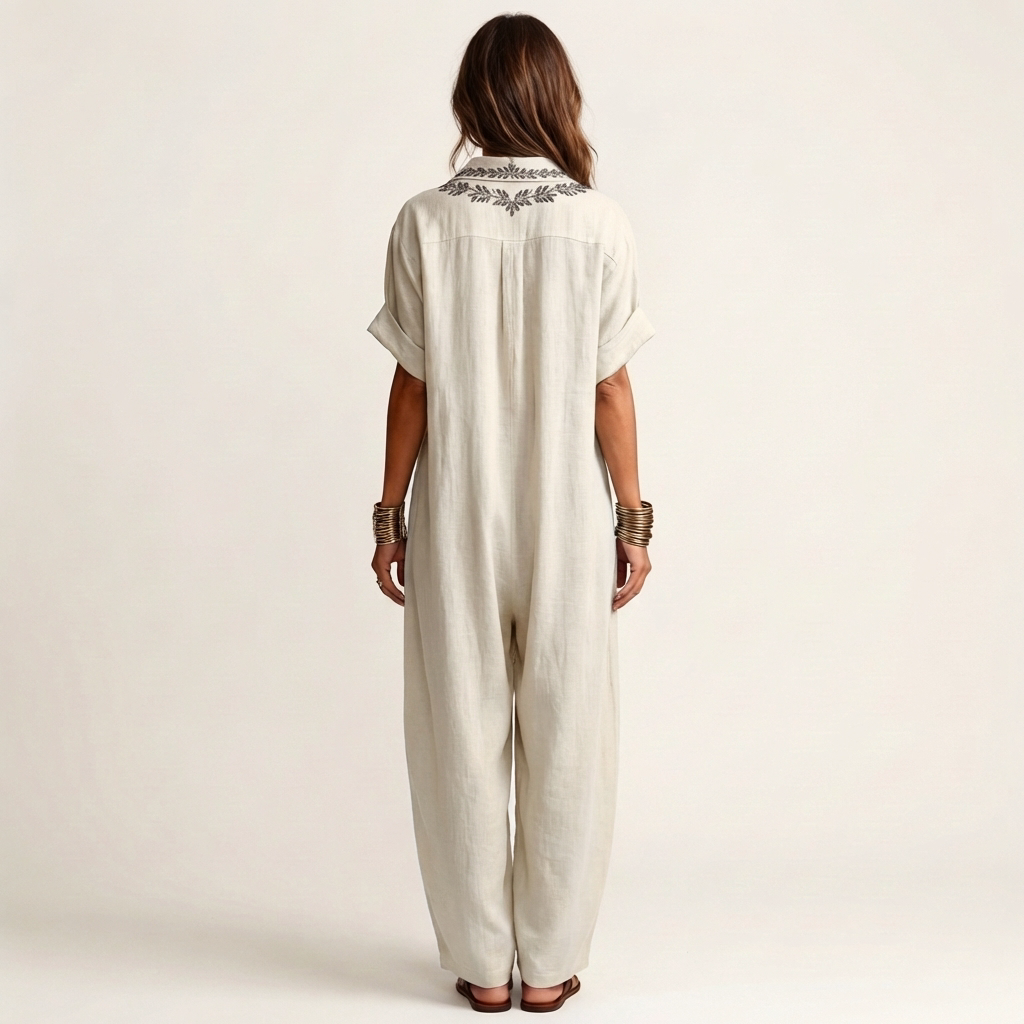 Embroidered V-Neck Collared Short Sleeve Linen Look Maxi Shirt Dress 2