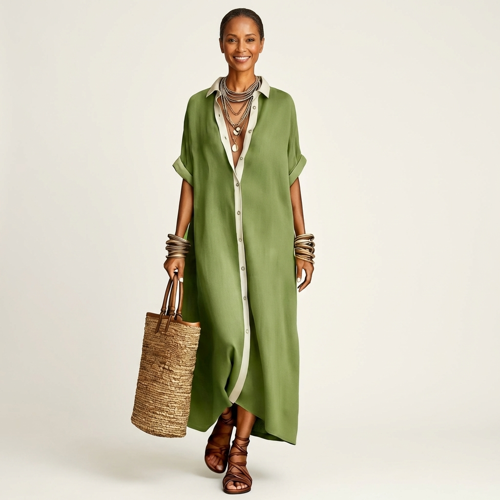 Contrast Placket Button Front Short Sleeve Maxi Shirt Dress 9