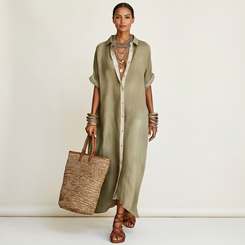 Contrast Placket Button Front Short Sleeve Maxi Shirt Dress 3