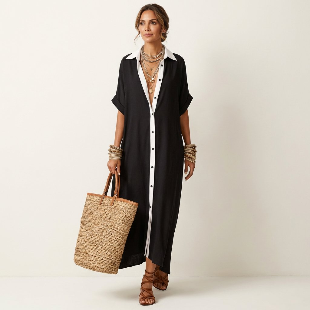 Contrast Placket Button Front Short Sleeve Maxi Shirt Dress 5
