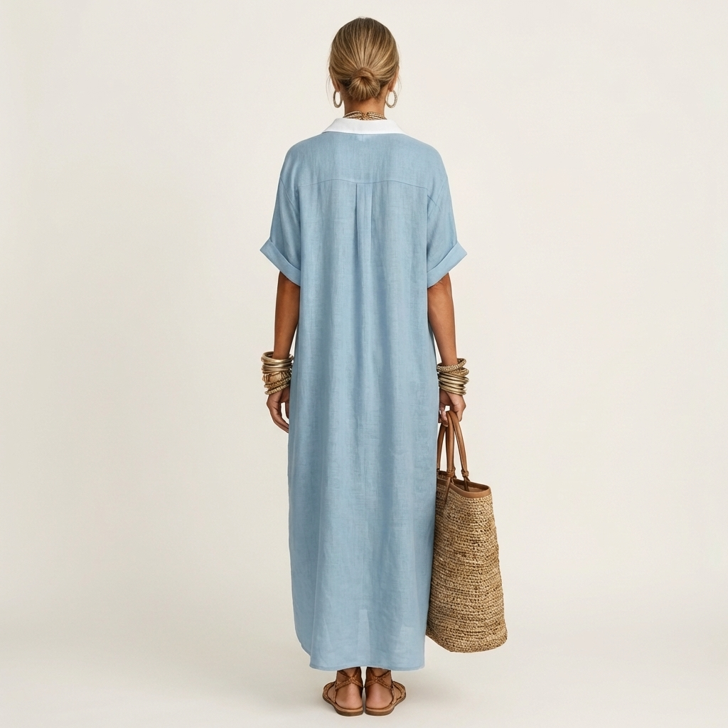 Collared Short Sleeve Contrast Placket Maxi Shirt Dress 2
