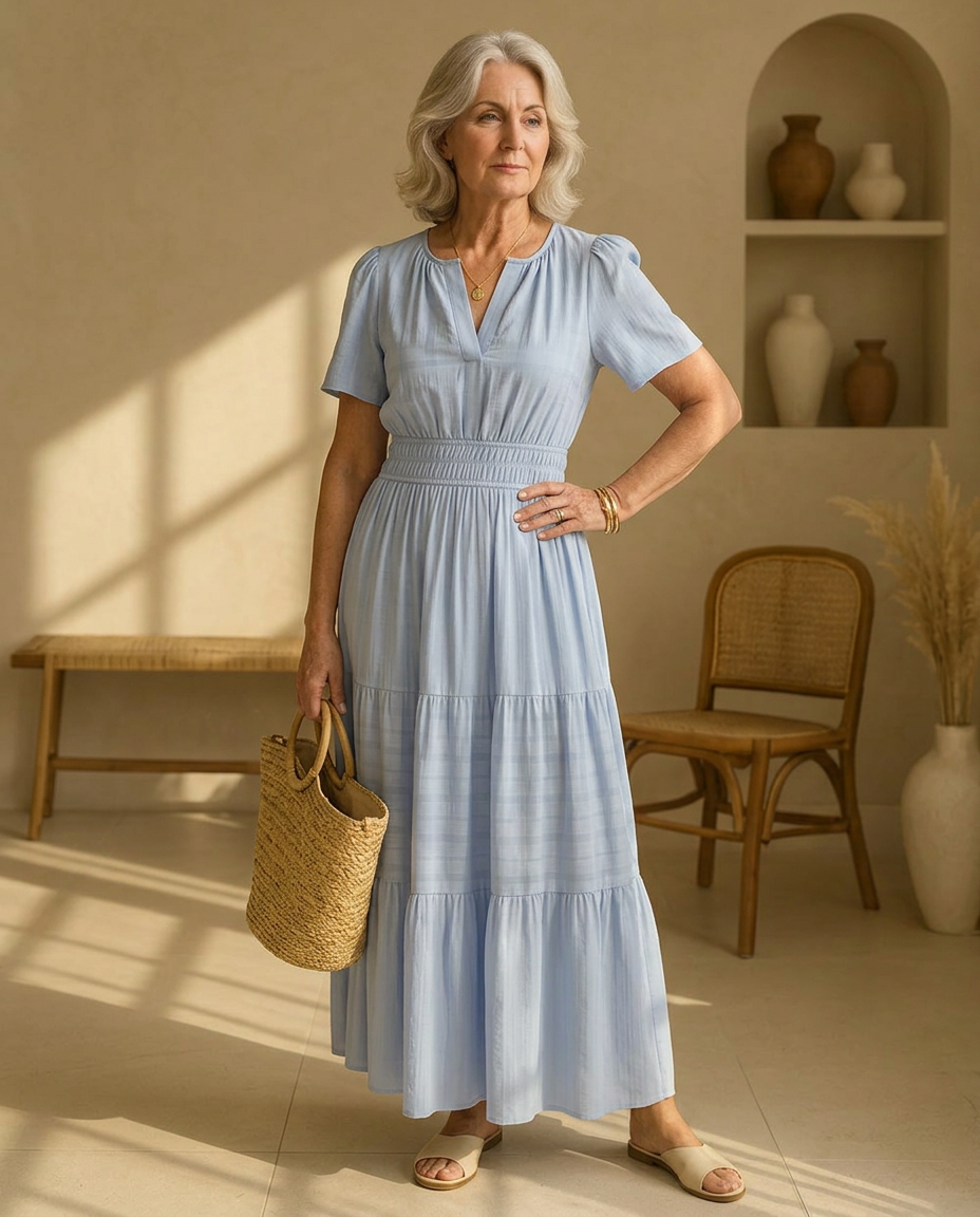 Split Neck Short Sleeve Smocked Waist Tiered Maxi Dress