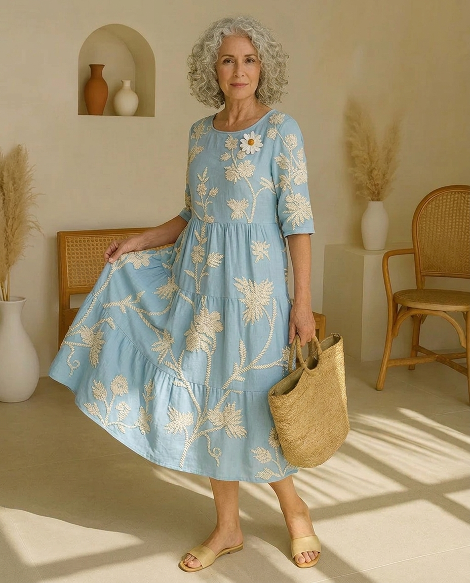 Floral Embroidered Round Neck Tiered Midi Dress
