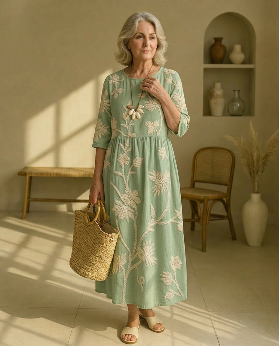 Round Neck Half Sleeve Floral Embroidered Midi Dress