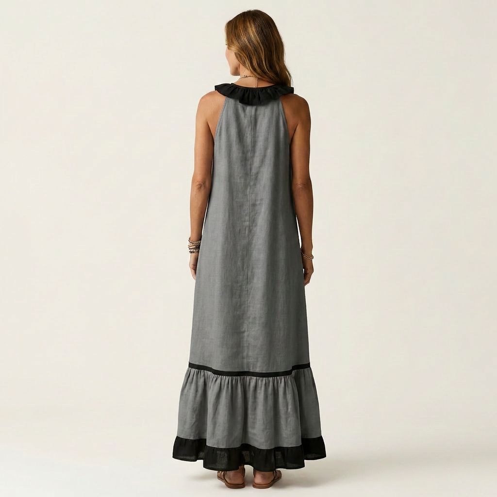 Sleeveless Ruffle V-Neck Contrast Trim Maxi Dress 2