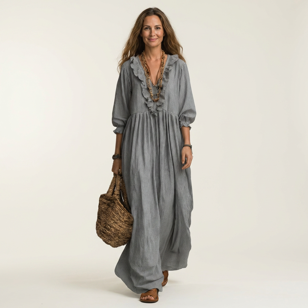 Ruffle V-Neck Long Sleeve Gathered Maxi Dress