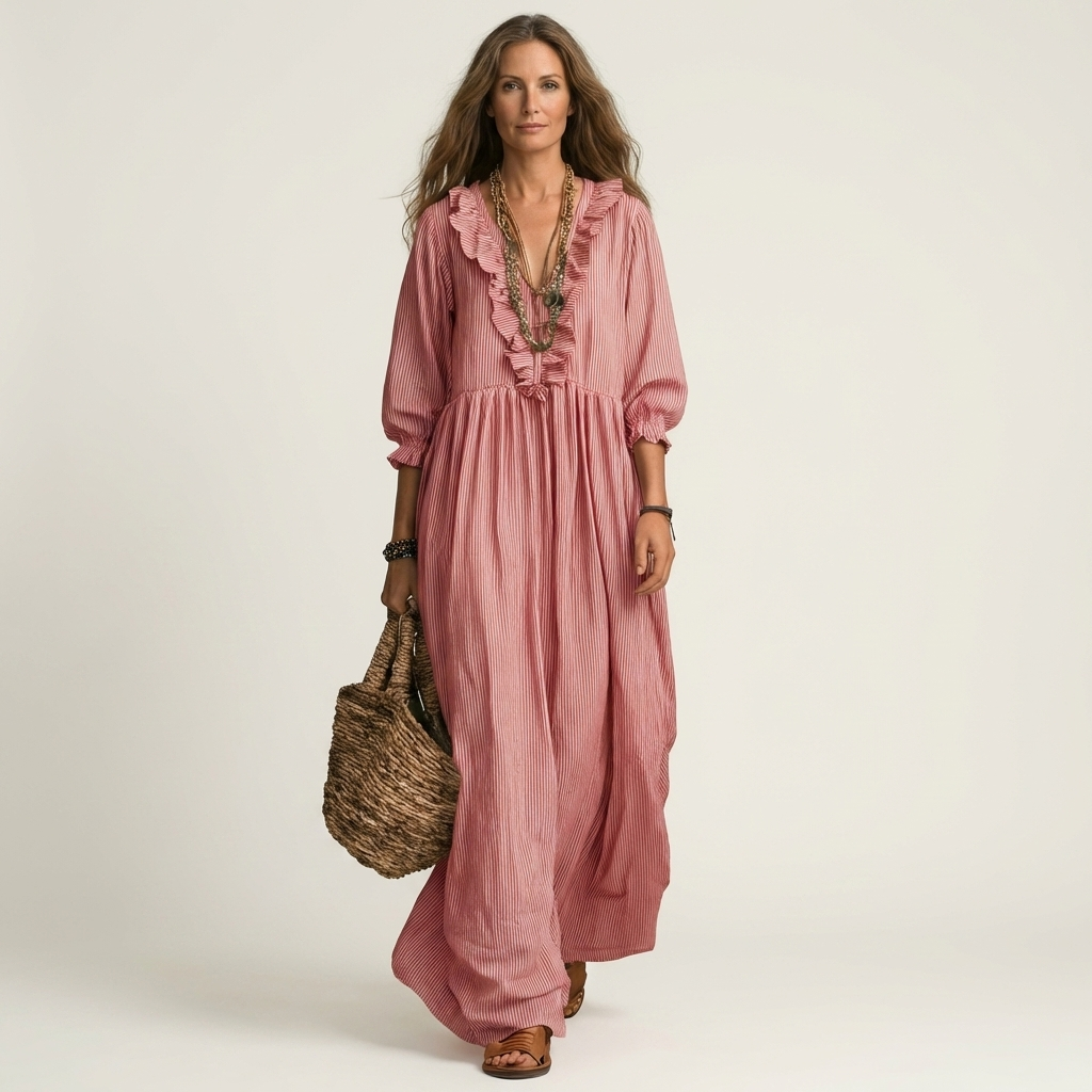 Ruffle V-Neck Long Sleeve Gathered Maxi Dress 7
