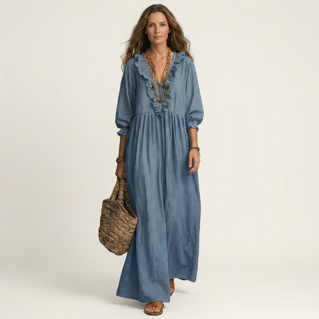 Ruffle Trim V-Neck Three Quarter Sleeve Loose Maxi Dress 3