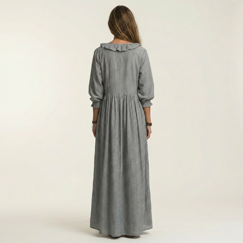 Ruffle Trim V-Neck Three Quarter Sleeve Loose Maxi Dress 2